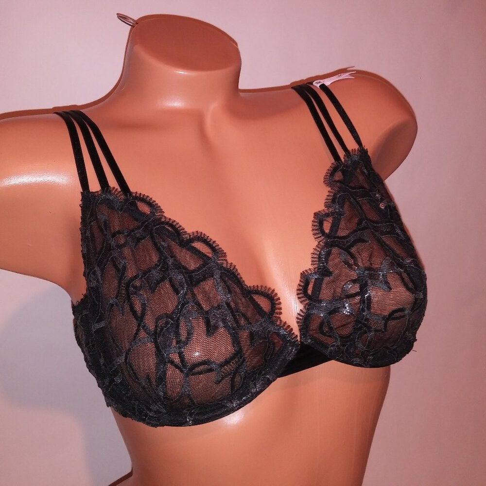 Victoria Secret Bra Low Cut Demi Black Sheer Hearts Strappy Very Sexy Underwire